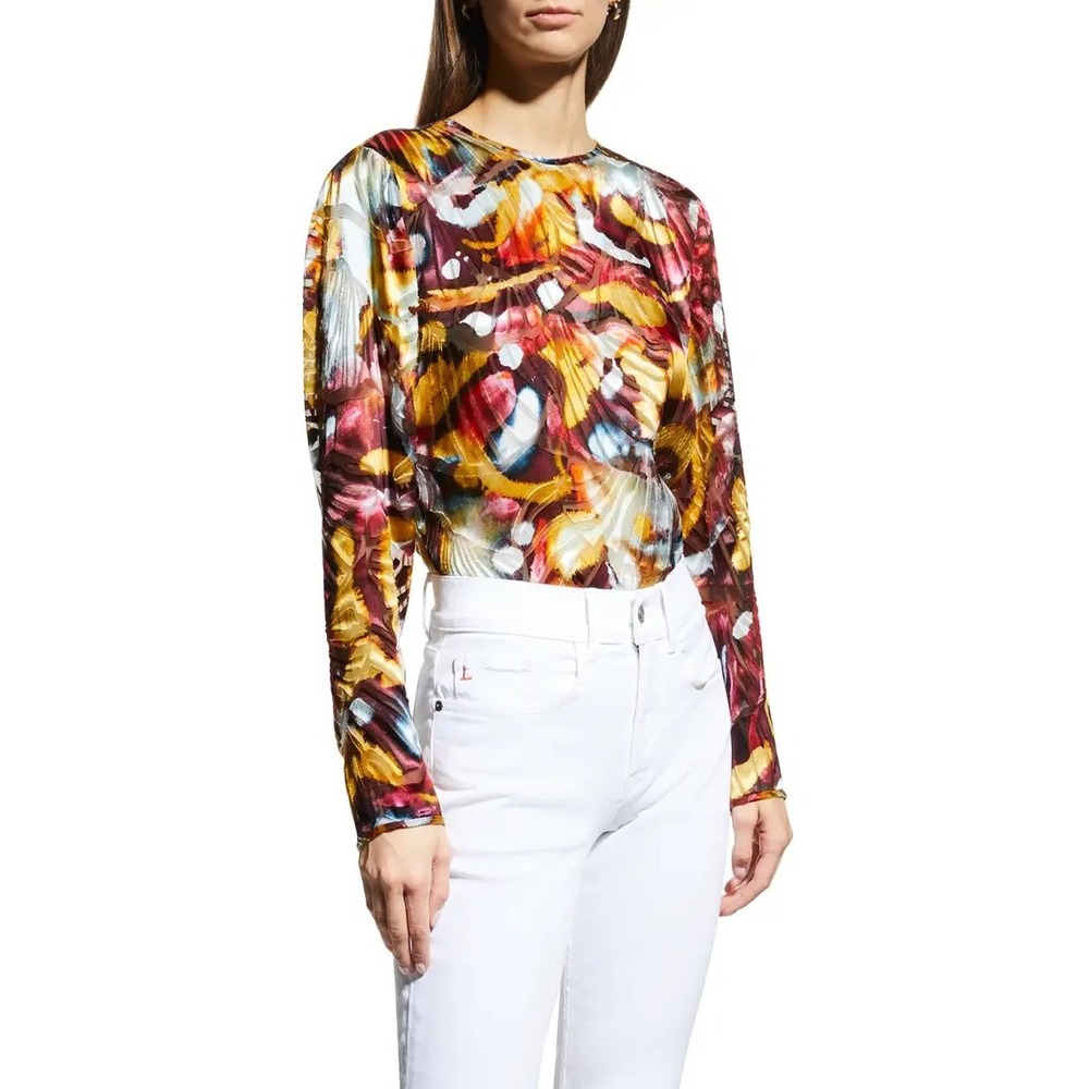 Lafayette 148 New York Butterfly Wing Devore Burnout Pleated Blouse Multi Color